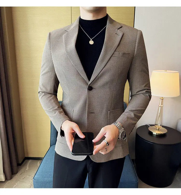 Korean Vintage Elegant Men's Business Slim Fit Suit Jacket 2026 New Fashion Lapel Single Breasted Men Social Party Dress Coats