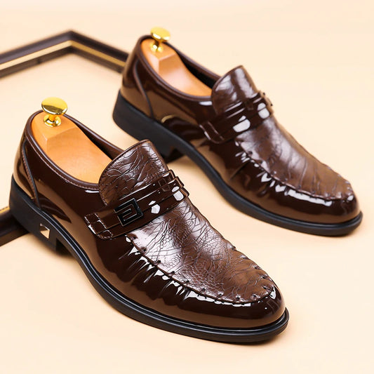 Men's Brown Crocodile Pattern Dress Shoes Patent Leather Slip-on Loafers Formal Business Wedding Oxfords for Men