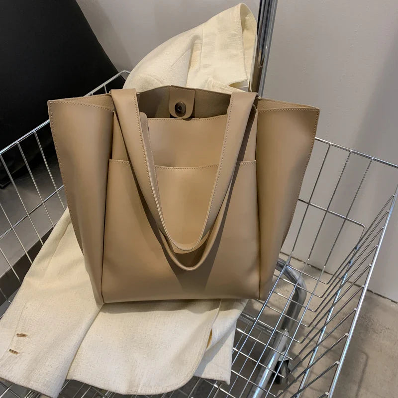 High Quality Soft Leather Woman Casual Tote Shopper Solid Color Handbags Large Capacity Single Shoulder Bag with Outer Pocket