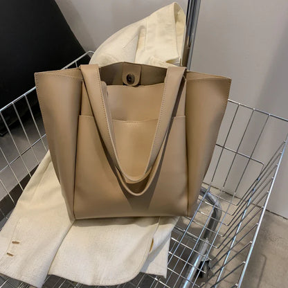 High Quality Soft Leather Woman Casual Tote Shopper Solid Color Handbags Large Capacity Single Shoulder Bag with Outer Pocket