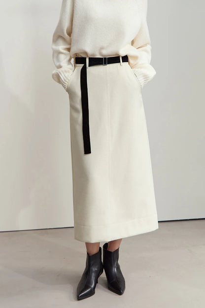 Minimalism Women's Elegant Commuter Skirts with Velvet Belt 2024 Winter Twill Fabric Warm Slit Straight Midi Skirt 12444183