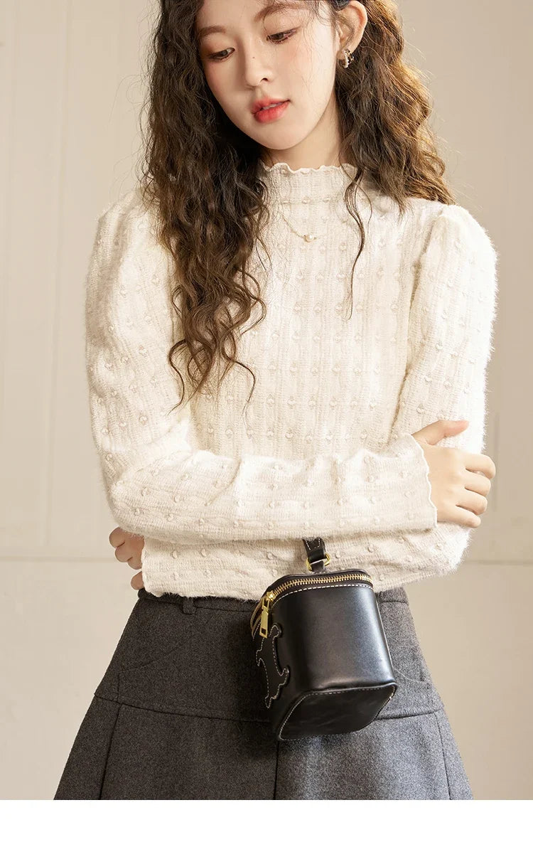 Lace Bottoming Shirt Women Autumn Winter Mock Neck Long Sleeve Knitted Pullover French Warm Inner Top Female MXC58Z0481