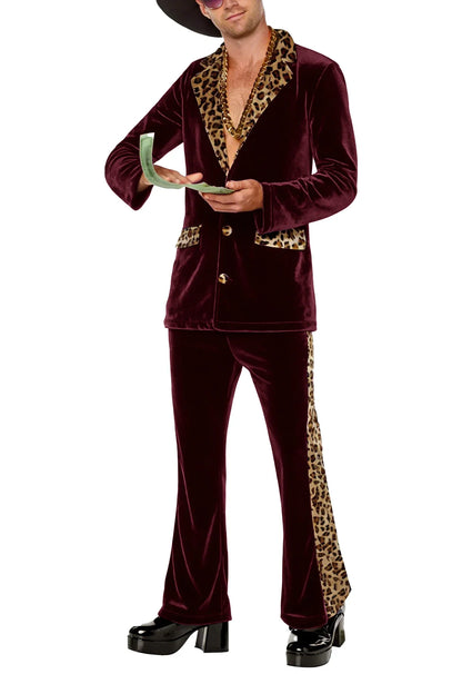 Luxury Men's Velvet Suit Notch Lapel Jacket Leopard Print Patchwork Trim Wide Leg Flare Trousers Tuxedo Cosplay Prom Event
