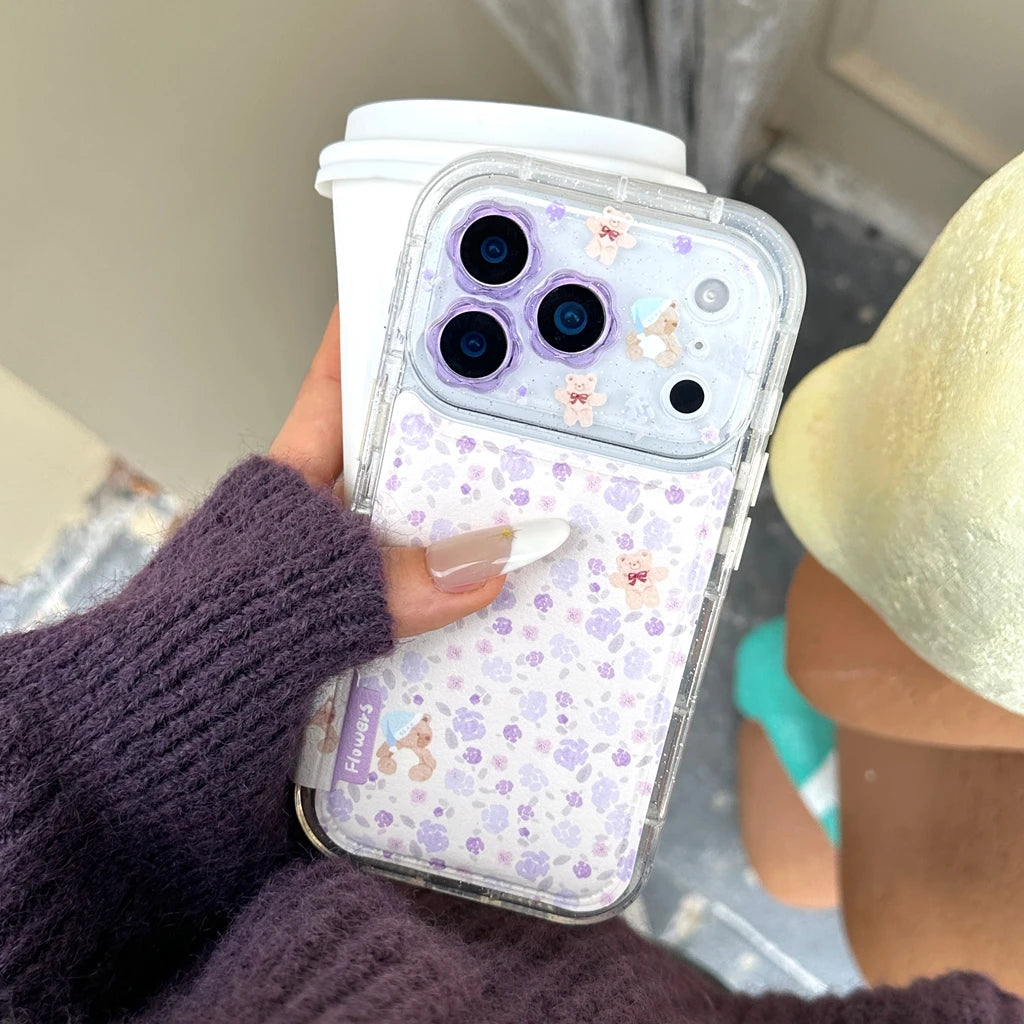 Gentle Purple Flower Stereoscopic Bear Artificial Leather Plush Ball Lanyard Phone Cover Case for iPhone 17 16 15 14 Pro Max