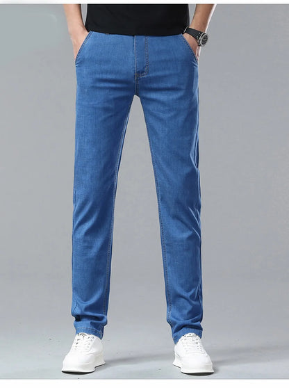 Summer Lyocell Men's Jeans Breathable Thin Casual Straight Stretch Business Work Denim Trousers Classic Fashion Brand Clothing