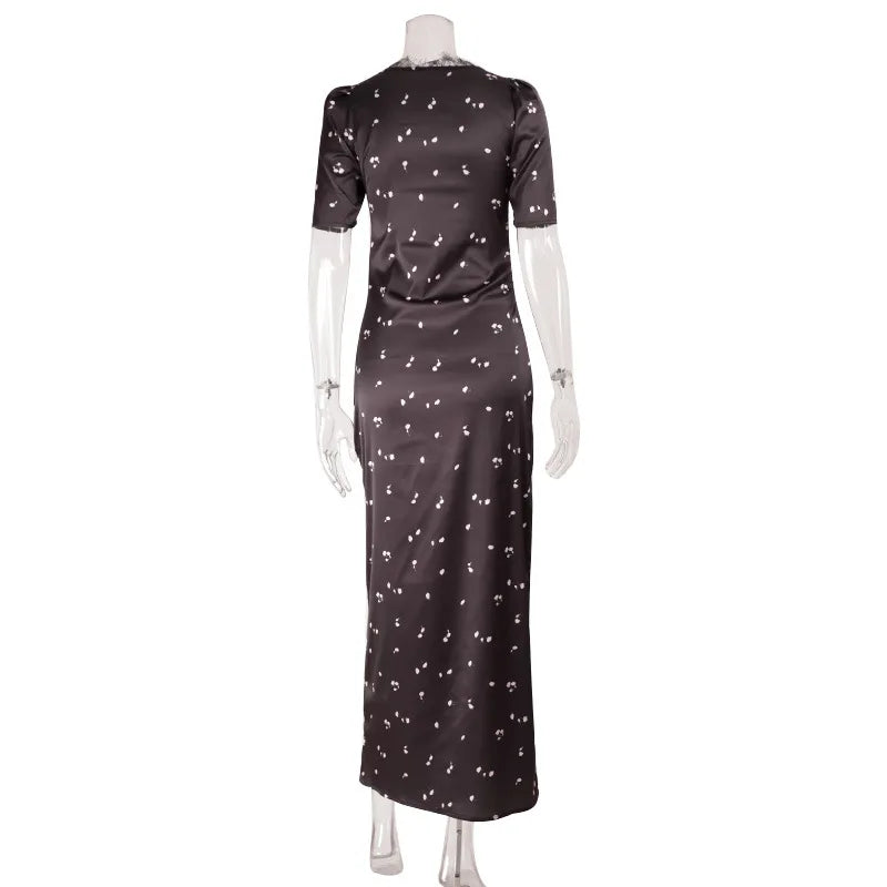 Lace Patchwork Printed Maxi Dresses For Women Fashion Sexy Streetwear Short Sleeves Slim Hollow Out Long Vestidos Robes Female