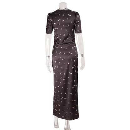 Lace Patchwork Printed Maxi Dresses For Women Fashion Sexy Streetwear Short Sleeves Slim Hollow Out Long Vestidos Robes Female