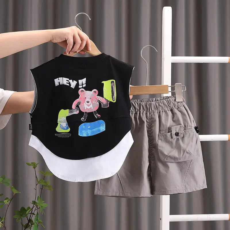 Summer Cartoon Print Baby Boys Girls Cotton Sport Letter Vest Shorts Set Toddler Kids Casual Tracksuit Infant Clothing Set