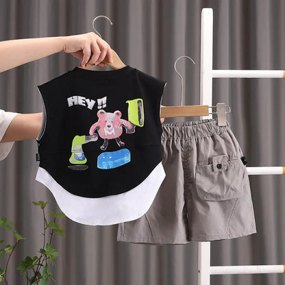 Summer Cartoon Print Baby Boys Girls Cotton Sport Letter Vest Shorts Set Toddler Kids Casual Tracksuit Infant Clothing Set