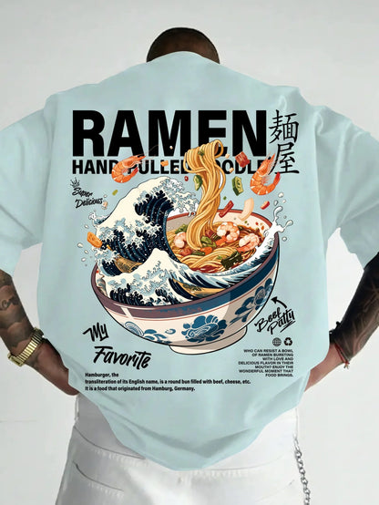 Men New Summer Casual Street Style T-shirt Japanese Waves Ramen Pattern Suitable for Daily Wear 100% Pure Cotton Soft Material