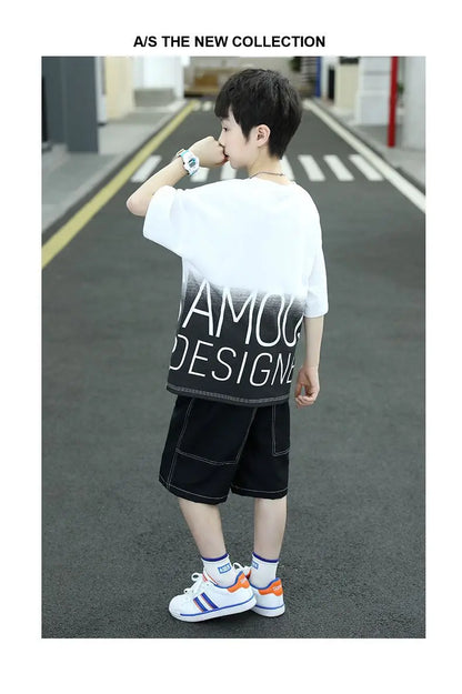 Summer Boys Cotton Contrast Alphabet t-Shirt Tops+Denim Shorts Pant School Kids Tracksuit Child 2PCS Outfit Workout Set 5-16 Yrs