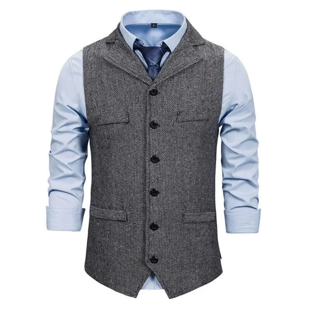 Men Vest Black Herringbone Single Button With Lapel Waistcoat For Wedding Banquet Business Office Work Casual Men Suit Vest