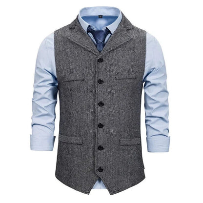 Men Vest Black Herringbone Single Button With Lapel Waistcoat For Wedding Banquet Business Office Work Casual Men Suit Vest