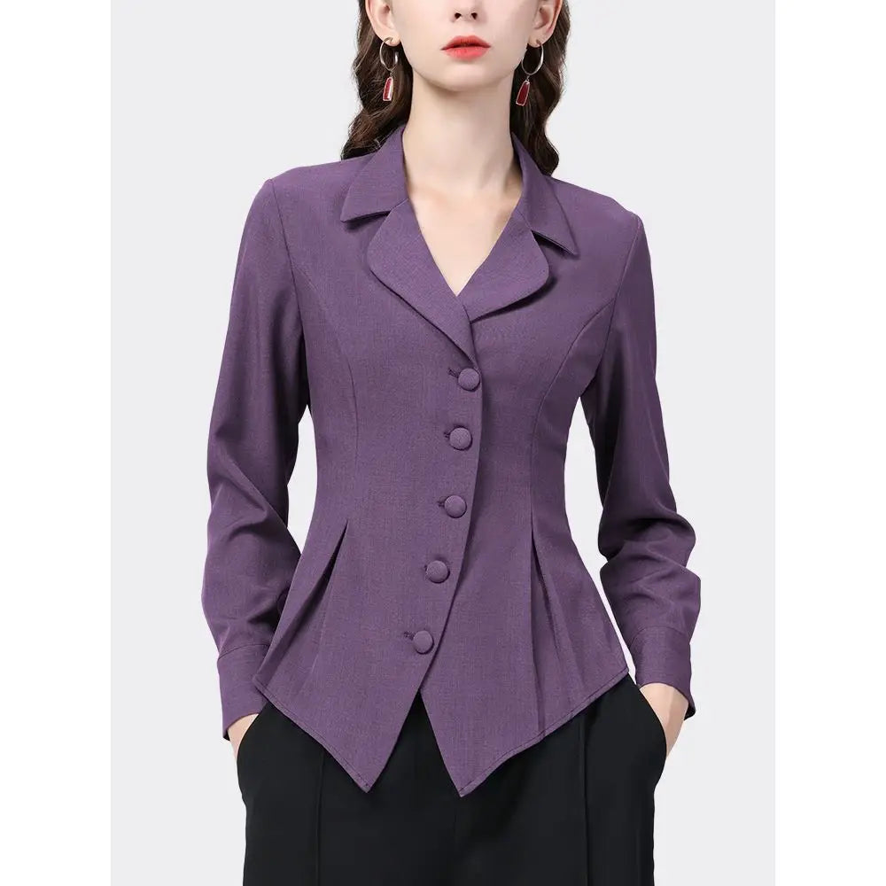 Temperament Skinny Solid Notched Pleated Button Elegant Blazers Graceful Intellectual Women's Clothing 2022 Thin Autumn Winter