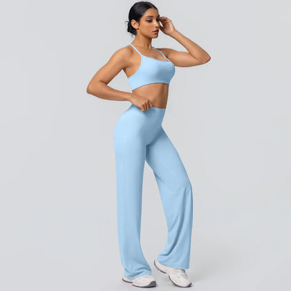 Women Gym Sports Yoga Suit Sexy Beautiful Back Yoga Underwear With Chest Pad Solid Color High Waisted Wide Leg Pants Yoga Set