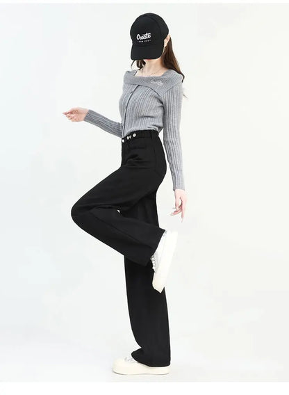 Winter Thick Warm Womens High Waist Jeans Fleece Lined Loose Fit Wide Leg Trousers Korean Style Stretchy Adjustable Waist  Jeans