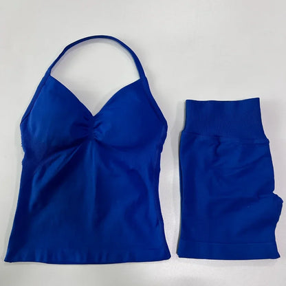 No Logo 2 Pieces Sports Set Workout Clothes Shorts Sets Gym Strappy Top Scrunch Shorts Yoga Clothing Gym Set