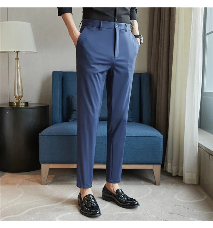 Mens Dress Pants Trousers 2025 Summer New Thin Breathable Solid Casual High Elastic Slim Fit Suit Pants Streetwear Men Clothing