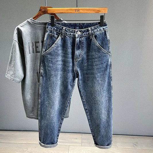 Korean Vintage Loose Tapered Men's Jeans Fashion High Street Drape Harem Pants Youth Hip Hop Streetwear Male Blue Denim Trousers