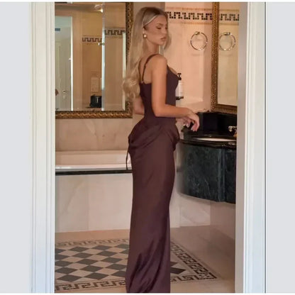 Sexy Square-neck Halter Long Dress Women 2025 Pleated Sleeveless Backless High Waist Bodycon Dresses New Summer Lady Party Gowns