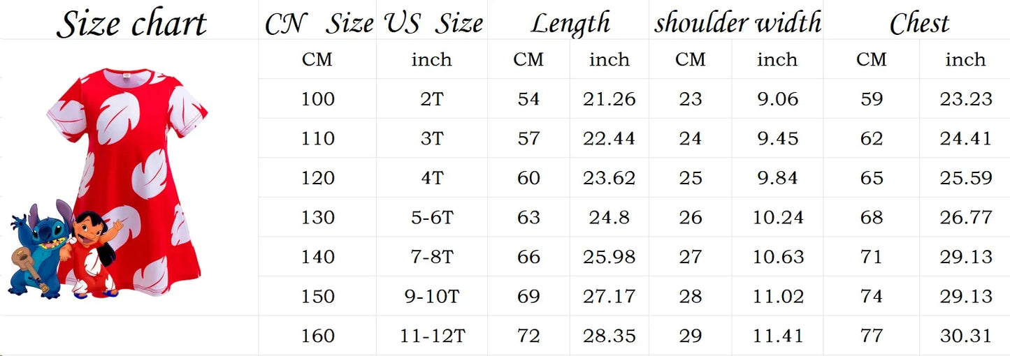 Costume Girl Cosplay Red Dress Short Sleeve Pajamas Hawaiian Printed Dress Summer Beach Outfit + Stitch Doll Set