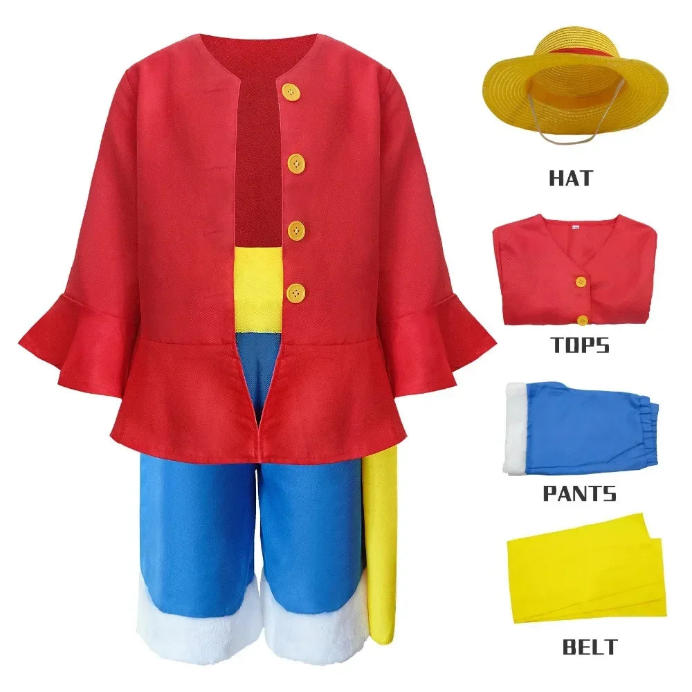 Anime Luffy Cosplay Costume Straw Hat Red Jacket Adult Kids Carnival Party Red Top Pants Suits Hat Role Play