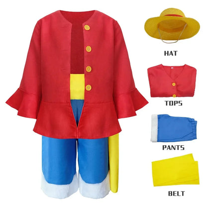 Anime Luffy Cosplay Costume Straw Hat Red Jacket Adult Kids Carnival Party Red Top Pants Suits Hat Role Play