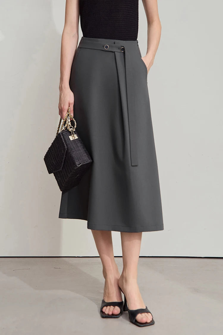 Minimalist Knee length Skirt Women Pleated A-line Loose Dress Elegant Commuting Style Belt Decoration Skirts 12522074