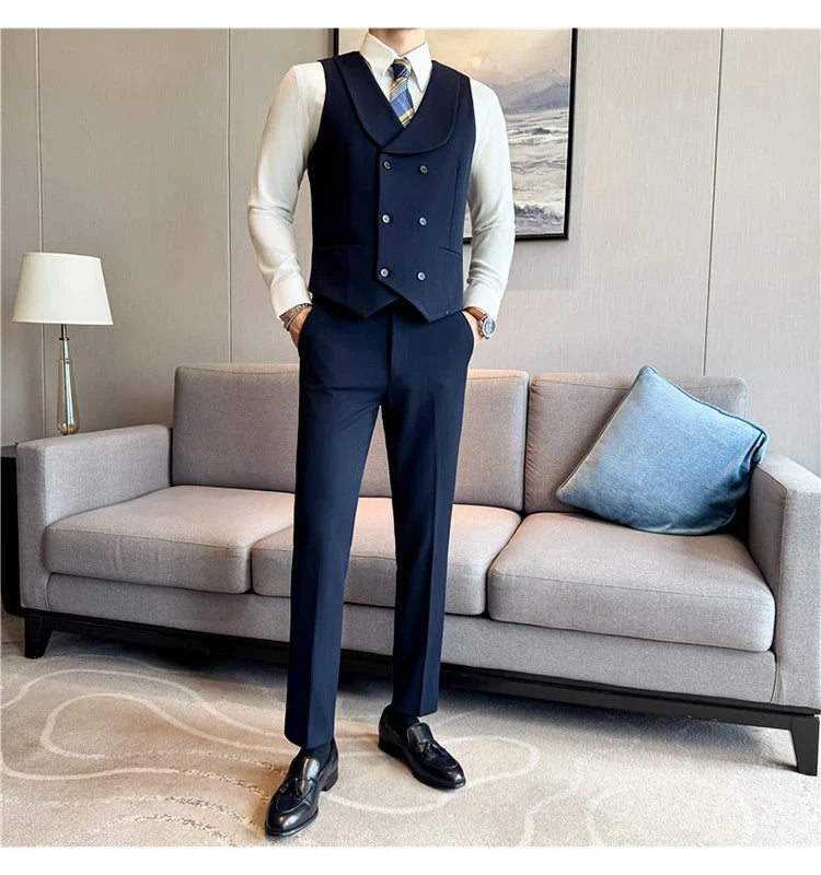 ( Vest+Pants) Autumn Winter Thicken Wool Striped Suit Vest 2 pieces Men Fashion Slim Fit Business Casual Wedding Dress Vest Sets
