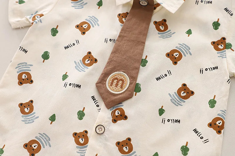 Summer Baby Boys Clothes Suit Children Casual Cartoon Bear Tie Shirt Shorts 2Pcs/Sets Kids Outfits Toddler Costume Clothing 1-5y