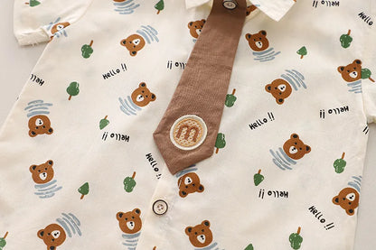 Summer Baby Boys Clothes Suit Children Casual Cartoon Bear Tie Shirt Shorts 2Pcs/Sets Kids Outfits Toddler Costume Clothing 1-5y