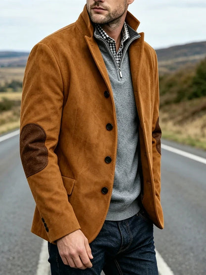 Vintage Men's Suede Blazer Notch Lapel Elbow Patches Slim Fit Jacket Business Casual Men Fashion Outerwear for Spring Autumn