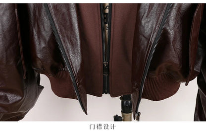 Autumn Winter Cool Handsome Oversized Brown Thickened Warm Leather Jacket Men with Hood Fake 2 Piece European Clothes