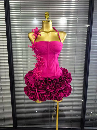 Black Red Women Sexy Strapless Laced-up Tops 2 Pieces Florals Bodycon Mini Bandage Dress Celebrate Nightclub Party Stage Wear
