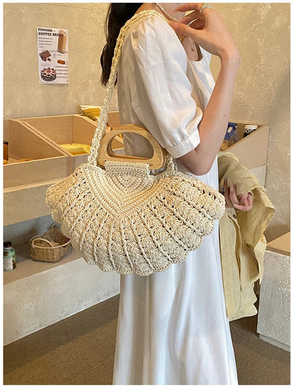 2026 New Retro Fan-shaped Crochet Woven Underarm Bag for Women Ins Style Seaside Vacation Versatile Wooden Handle Shoulder Bag