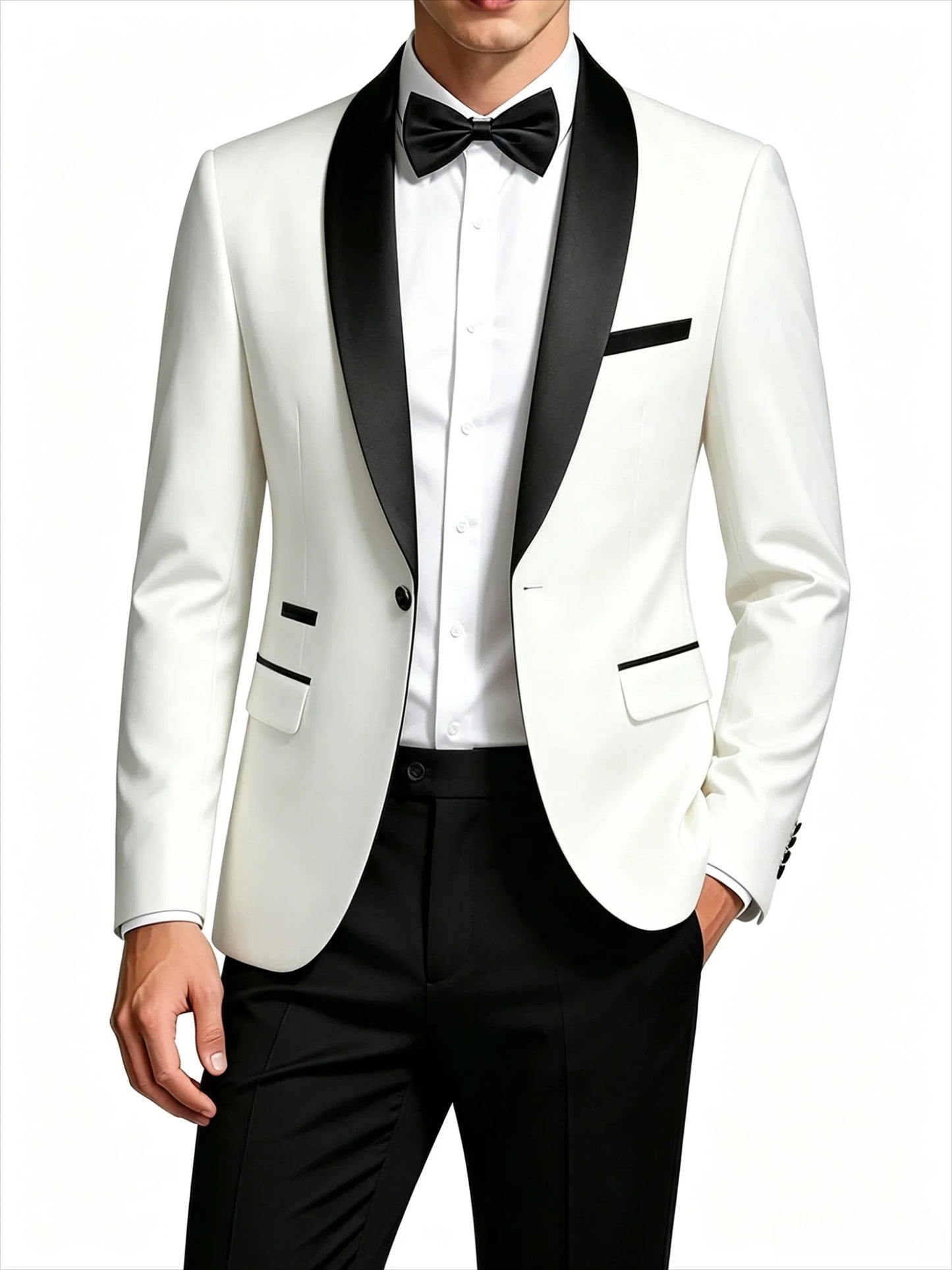 Men's Black Satin Shawl Lapel Tuxedo Suit 2 Pieces, Slim Fit Formal Blazer & Pants for Wedding Party Prom Groom Outfit