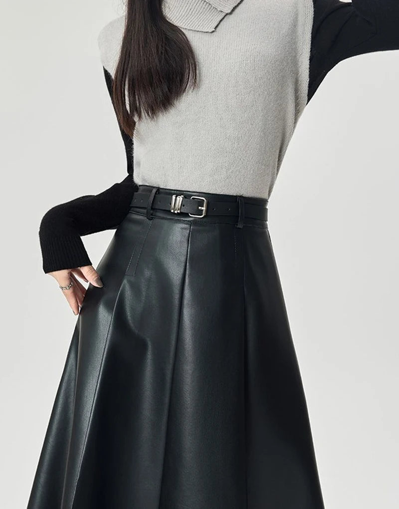 Vintage PU leather women midi skirts Y2K Autumn high waist Streetwear with belt pleated Skirt female elegant Solid A line skirts