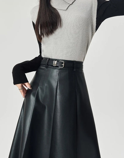 Vintage PU leather women midi skirts Y2K Autumn high waist Streetwear with belt pleated Skirt female elegant Solid A line skirts
