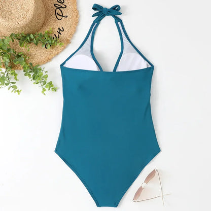 2026 New Wrinkled Halter V Neck One Piece Swimsuit Women Swimwear Female Monokini Backless Bathing Suit Swim Beachwear Bodysuit
