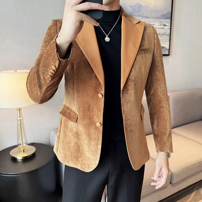 Splicing Leather Neck Fashion Suit Jacket Luxury Men's Business Slim Fit Social Formal Blazers Coats Wedding Groom Tuxedos 5XL-M