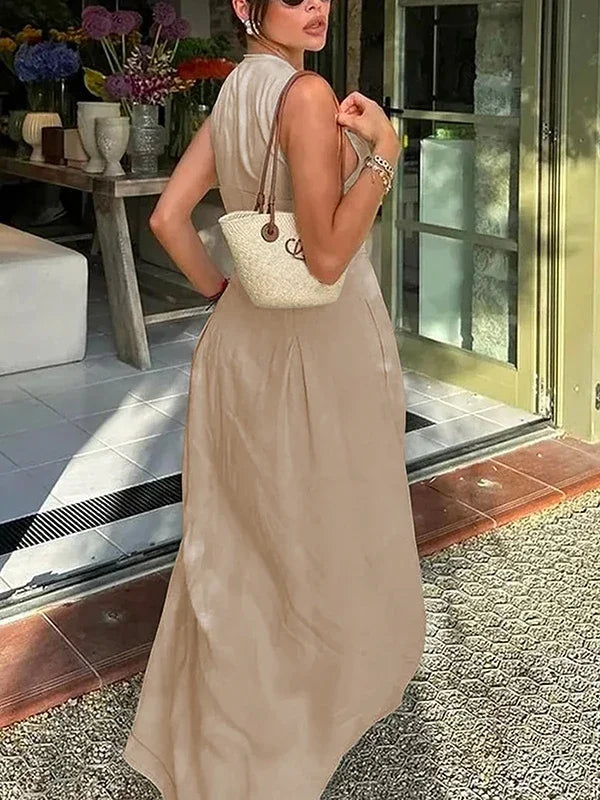 Office Lady Commute Pleated A-line Dress 2026 New Summer Fashion Solid Color Sleeveless Zipper Evening Maxi Dresses