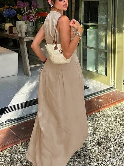 Office Lady Commute Pleated A-line Dress 2026 New Summer Fashion Solid Color Sleeveless Zipper Evening Maxi Dresses