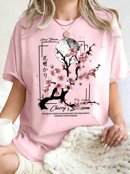 Japanese Cherry Blossom Design Women'S T-Shirt Loose Cotton T Shirts Crewneck Trendy Short Sleeve Y2K Summer Casual Streetwear