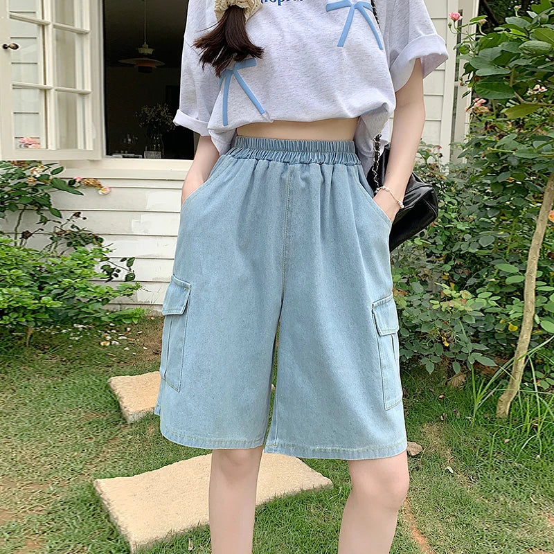2026 Summer New Women's Denim Shorts Straight Trendy Loose Versatile Dad Shorts Thin Japanese Style Knee-length Pants
