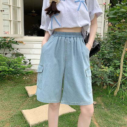 2026 Summer New Women's Denim Shorts Straight Trendy Loose Versatile Dad Shorts Thin Japanese Style Knee-length Pants
