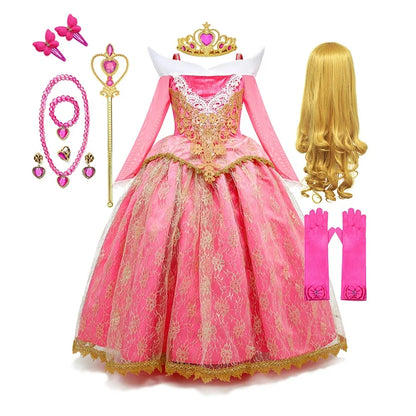 Sleeping Beauty Aurora Princess Dress Cosplay Off Shoulder Kids Gifts Fancy Halloween Party Girl Baby Lace Dress Set