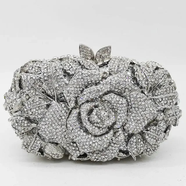 Women Gold Flower Clutch Evening Bags Bridal Wedding Handbags Formal Party Rhinestones Floral Purses