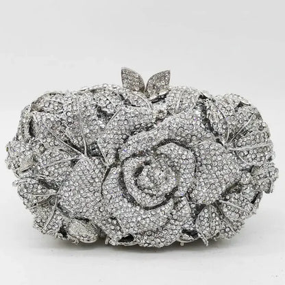 Women Gold Flower Clutch Evening Bags Bridal Wedding Handbags Formal Party Rhinestones Floral Purses
