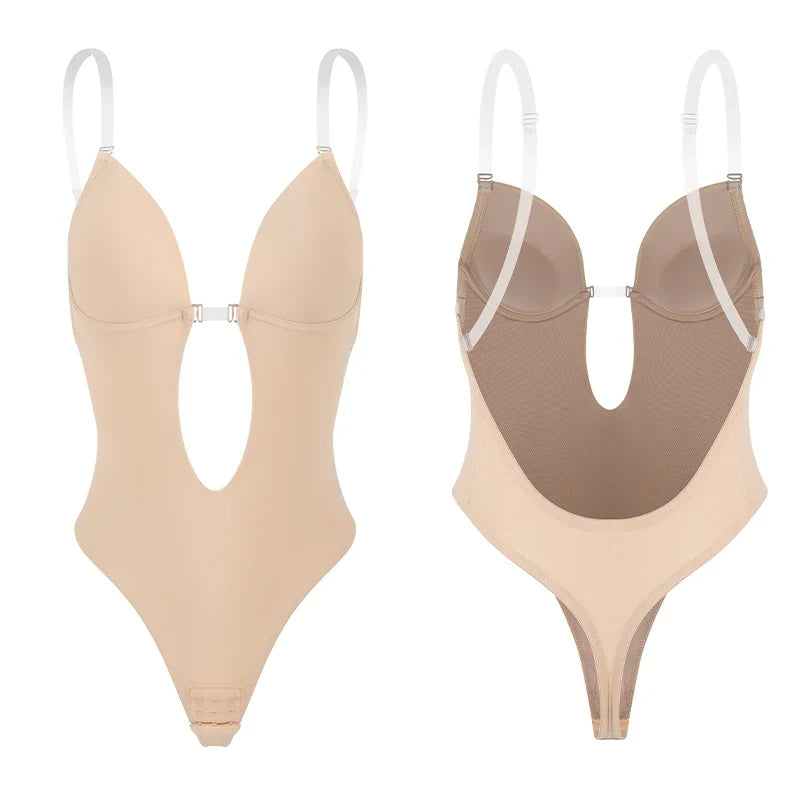 Backless Bodysuit Shapewear for Women Built-in Bra Multiple straps Thongs Body Shaper U Plunge Seam-free Faja with Open Crotch