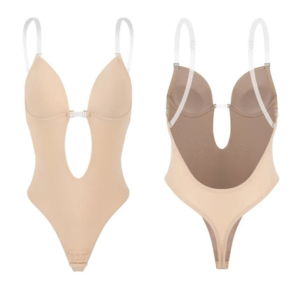 Backless Bodysuit Shapewear for Women Built-in Bra Multiple straps Thongs Body Shaper U Plunge Seam-free Faja with Open Crotch